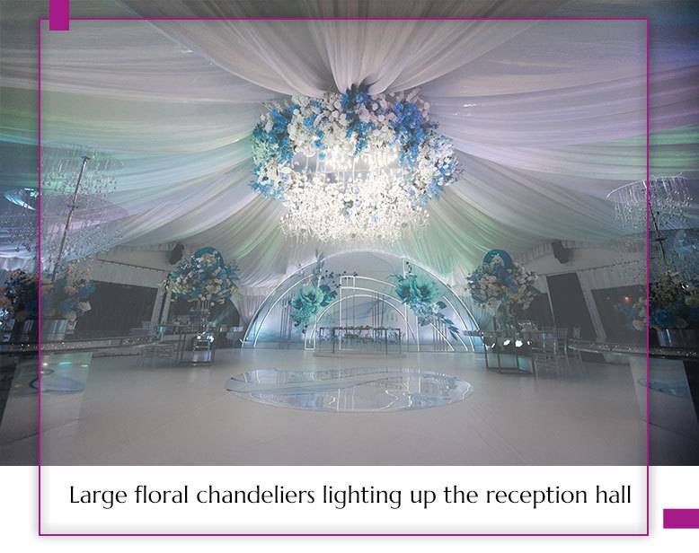 Large floral chandeliers lighting up the reception hall
